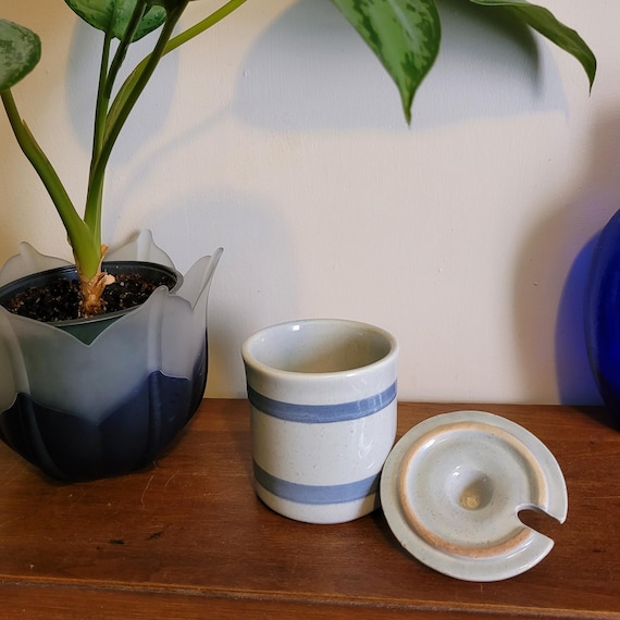 Vintage Mccoy Jam Jar Stoneware Blue Striped Crock With Lid Made