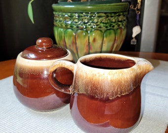 Vintage McCoy Pottery Brown Drip Sugar Bowl with Lid and Creamer #7020