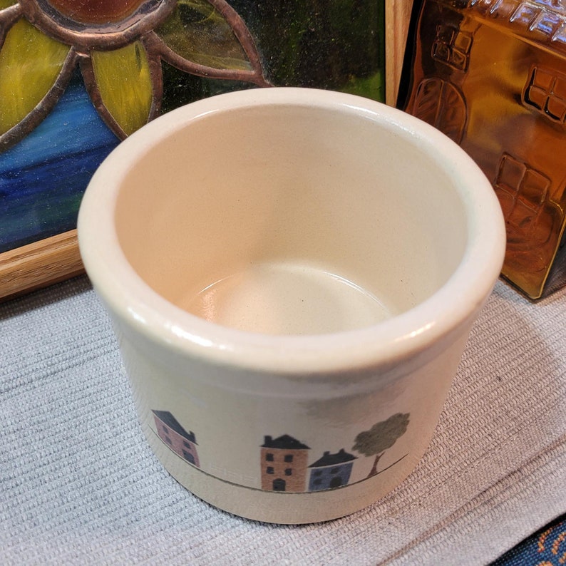 Vintage Robinson Ransbottom Pottery Houses and Tree Cream Colored Low Crock Holds One Pint image 4
