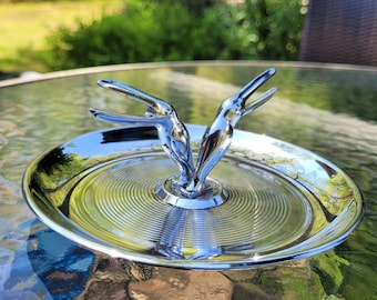 Vintage Art Deco Chrome Ashtray with Two Pincherette Toucan Cigarette Holders