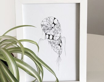 Braided Girl Black Ink Drawing