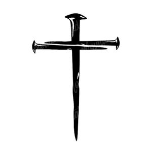 May include: A black and white illustration of a cross made from nails. The cross has a vertical nail and a horizontal nail, with the nail heads visible. The design is simple and bold, with a minimalist aesthetic.