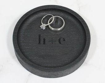 Personalized  Black Stained  Ring Dish, Custom Engraved Jewelry Organizer Tray, Anniversary Gift, Wedding Engagement Gift