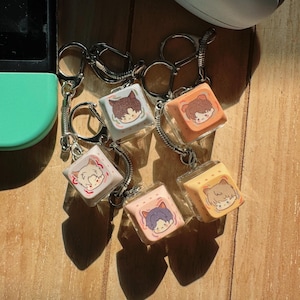 May include: Keychains with square, clear cases, each containing a small, illustrated cube with a cartoon character. The keychains have silver-colored metal hardware and are arranged on a wooden surface.