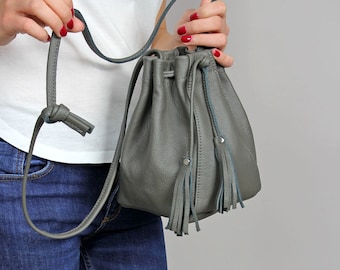 Mini Leather Shoulder Bag, Mini Leather Bucket bag, Gray Drawstring bag, Gray leather bag, Leather Bucket, Black bag, Black Crossbody Bag