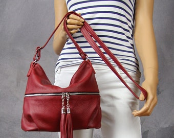 Burgundy Leather Crossbody Purse: Small Boho Shoulder Bag