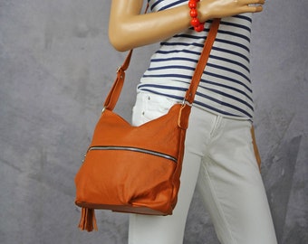 Orange Leather Crossbody Bag: Small Boho Purse with Zipper