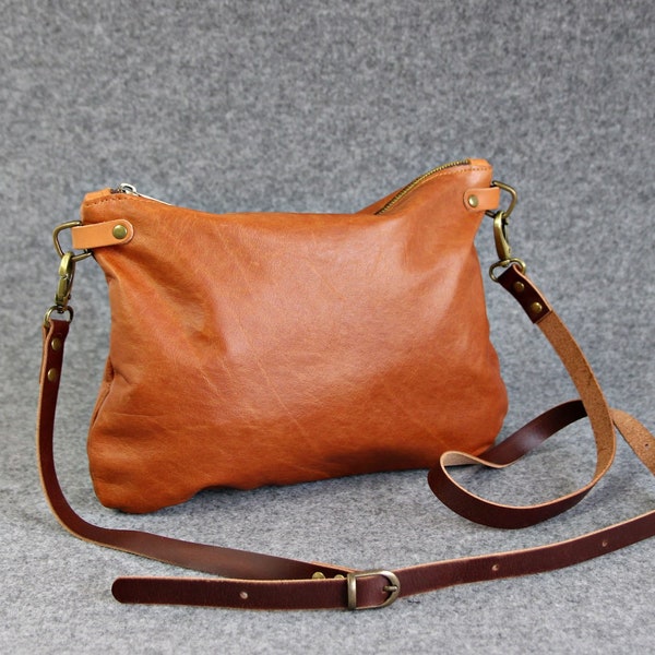 Crossbody purse in  distressed leather Tan Leather Leather crossbody handbag cognac leather  small cross body bag - leather  crossbody purse