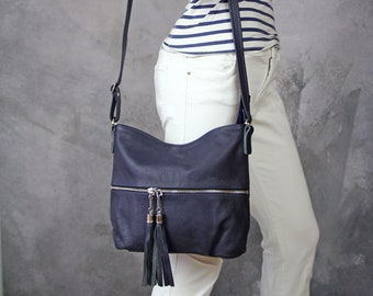 Navy Leather Crossbody Bag: Adjustable Strap, Zipper Pockets