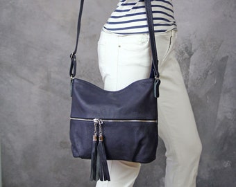 Medium-sized navy blue handbag with a long adjustable strap. Birthday gift for girls. Small Leather Purse