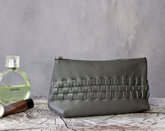 Woven Gray Leather Cosmetic Pouch: Zippered Toiletry Bag
