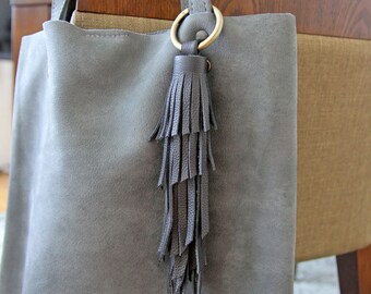 Leather tassel purse charm,Leather bag charm, Gray Leather tassel keychain, Dark Gray Cowhide Tassel Key Ring - Large tassel 10 INCH