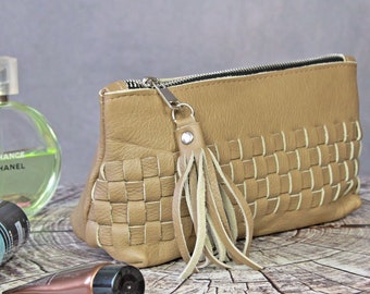 Woven Leather Makeup Bag: Beige Toiletry Cosmetic Pouch
