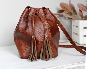 Handmade Mini Leather Bucket Bag: Caramel Brown Drawstring Purse