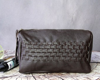 Borsa per cosmetici in pelle intrecciata: pochette da toilette marrone scuro