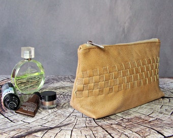 Woven Leather cosmetic bag Leather makeup bag for women leather travel pouch for makeup leather cosmetic bag for purses Makeup bag for her