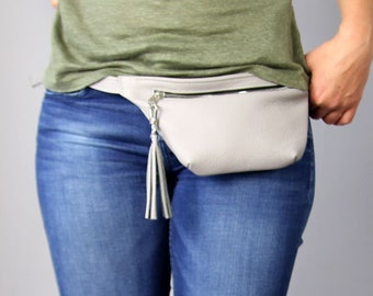 Italian Leather Belt Bag, Women's Hip Fanny Pack, Silver Hardware