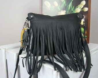 Fringed Black Leather Crossbody Bag: Boho Hobo Handbag