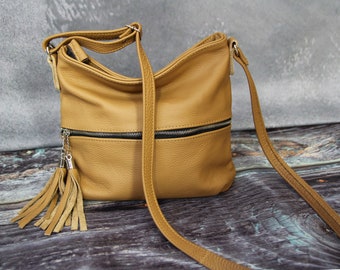 Mustard Leather Crossbody Bag: Everyday Shoulder Purse with Zipper