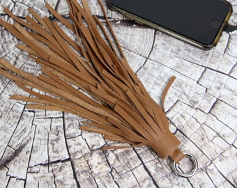 Brown Leather tassel, leather purse charm, leather bag charm, fringe tassel, tassel keychain bag