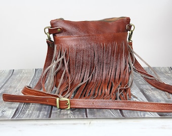 Cognac Brown Leather Fringe Crossbody Bag: Boho Hobo Purse