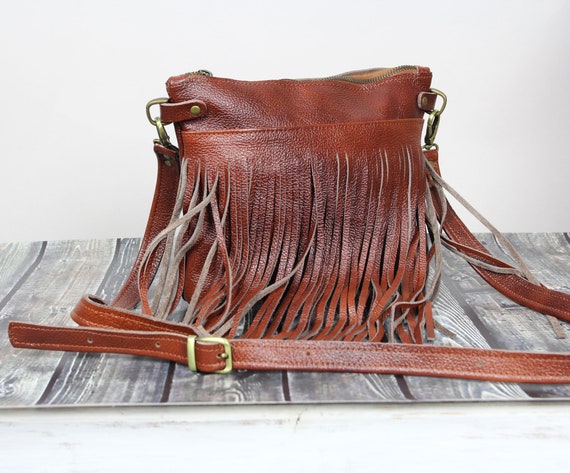 Cognac Brown Leather Fringe Purse Fringe Western Purse Boho