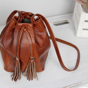 Bucket bag, Cognac bucket leather bag, Small  Bucket Bag, Drawstring Bag, Leather Shoulder Bag, Handmade Bag,