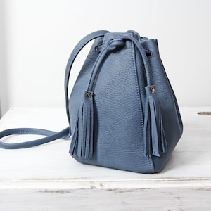 Mini Leather Shoulder Bag, Blue Shoulder Bag, Womens Bucket Bag, Small Bucket Bag, Small Hobo Bag, Leather Shoulder Bag