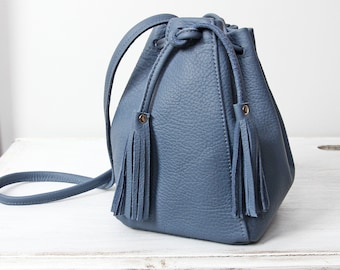 Mini Blue Leather Bucket Bag: Italian Cowhide Drawstring Shoulder Bag