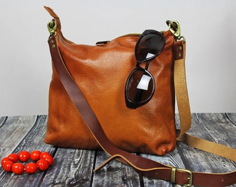 Tan Leather Crossbody Bag: Italian Leather Satchel, Adjustable Strap