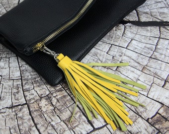 Yellow Leather tassel keychain, Large tassel, Yellow tassel far bag, Leather tassel keychain,Leather key fob, Leather tassel charm