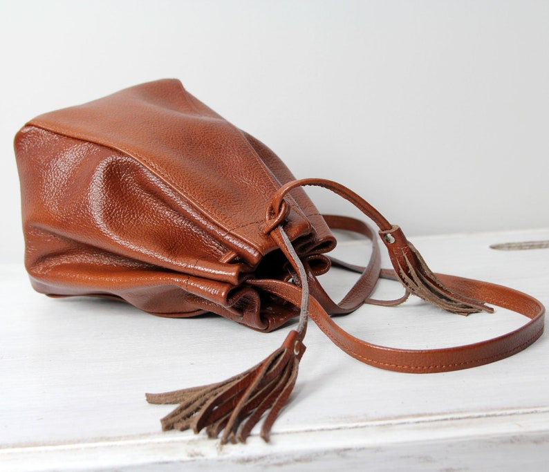 Small Brown Leather Shoulder Bag Leather Bucket Bag Etsy
