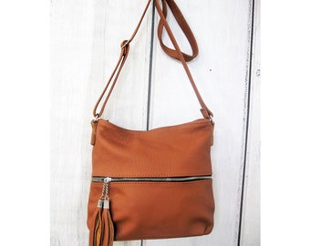 Pebbled Leather Crossbody Bag with Zipper & Adjustable Strap