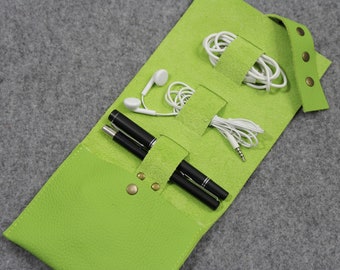 Leather Cord Organizer: Travel Cable Holder, Tech Accessories Pouch