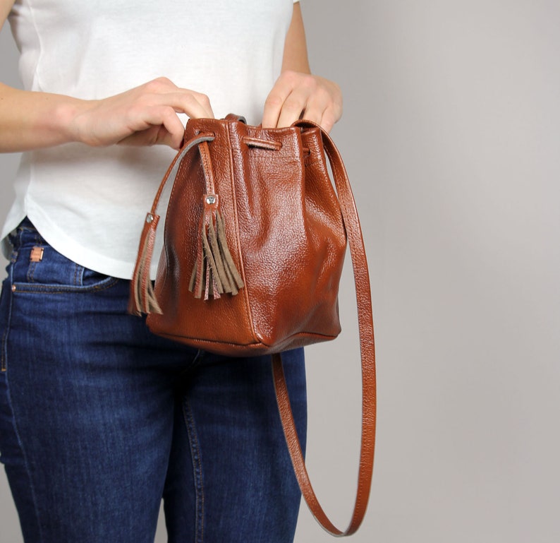 Small Brown Leather Shoulder Bag Leather Bucket Bag Etsy