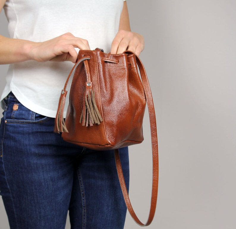 Small Brown Leather Shoulder Bag Leather Bucket Bag - Etsy