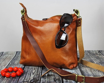 Women crossbody bag - Tan leather crossbody - everyday bag soft leather  - medium bag -  crossbody strap bag - medium leather purse