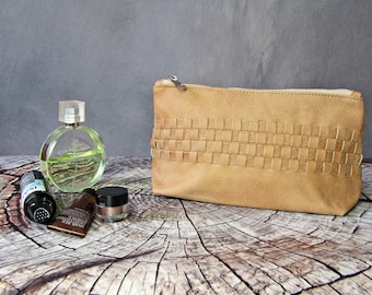Woven Leather Cosmetic Bag: Beige Travel Makeup Pouch