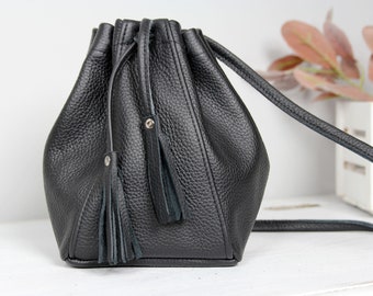 Black Drawstring Bag, Small  Bucket Bag, Leather Shoulder Bag, Handmade Bag, Leather Handbag,  Leather Purse