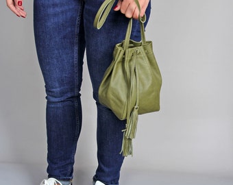 Mini Leather Shoulder Bag, Drawstring bag, Mini Leather Bucket bag, Olive Green leather bag, Small Green Bucket Bag, Olive green Bucket Bag