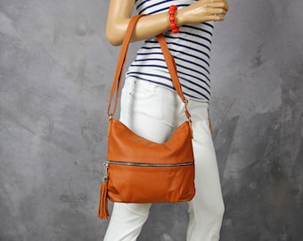 Leder Crossbody Tasche für Frauen mit Reißverschluss und verstellbarem Riemen, Kleiner Cross body, Orange Leder Boho Tasche mit Reißverschluss, Kleine Leder Geldbörse