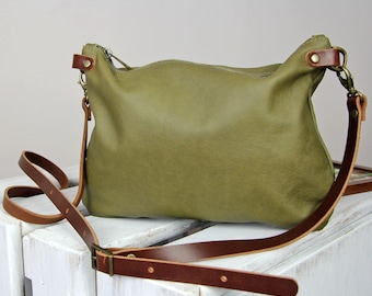 Green Leather Crossbody Bag: Italian Leather Zip Purse