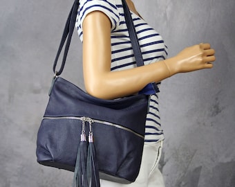 Navy Leather Crossbody Bag: Small Boho Fringe Purse