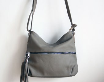 Light Gray Leather Crossbody Bag: Small Boho Purse with Fringe