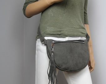 Gray Leather Fanny Pack: Women's Travel Bum Bag with Adjustable Belt