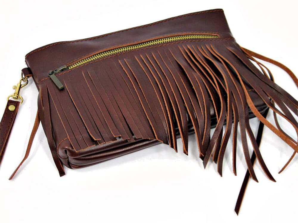 Brown fringe clutch bag clutch leather purse fringe clutch Etsy