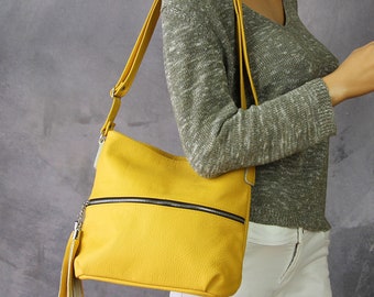 Yellow Leather Crossbody Bag: Zippered Convertible Shoulder Bag