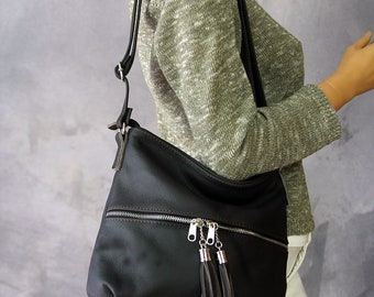 Black Leather Crossbody Bag: Medium Everyday Shoulder Bag