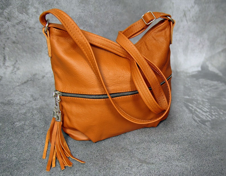 Leder Crossbody Tasche für Frauen mit Reißverschluss und verstellbarem Riemen, Kleiner Cross body, Orange Leder Boho Tasche mit Reißverschluss, Kleine Leder Geldbörse Bild 2