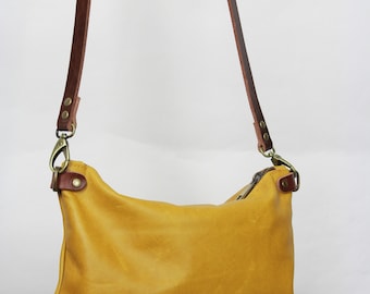 Small Leather Crossbody Bag: Mustard Grain, Adjustable Strap